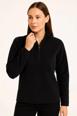 Kadın Polar Kazak – Dik Yaka, Yarım Fermuarlı, Fermuarlı Göğüs Cepli, Siyah Biyeli, Kışlık Rahat Regular Fit Günlük Model - Varsayılan