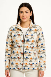 Kadın Tam Fermuarlı Desenli Polar Sweat – Siyah Multicolor Figür Desen Yakalı, Uzun Kollu, Oversize Rahat Kalıp - Varsayılan