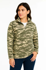 Kadın Yarım Fermuarlı Desenli Polar Sweat – Haki Kamuflaj Yakalı, Uzun Kollu, Oversize Rahat Kalıp - Varsayılan