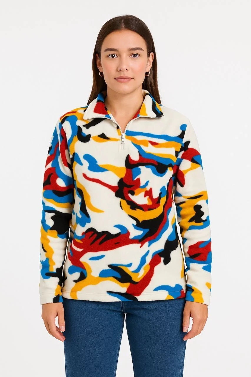 Kadın Yarım Fermuarlı Desenli Polar Sweat – Renkli Abstract Desen Yakalı, Uzun Kollu, Oversize Rahat Kalıp - Varsayılan