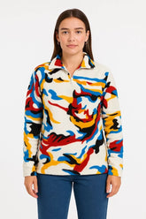 Kadın Yarım Fermuarlı Desenli Polar Sweat – Renkli Abstract Desen Yakalı, Uzun Kollu, Oversize Rahat Kalıp - Varsayılan