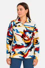 Kadın Yarım Fermuarlı Desenli Polar Sweat – Renkli Abstract Desen Yakalı, Uzun Kollu, Oversize Rahat Kalıp - Varsayılan