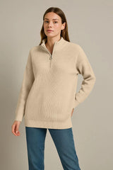 KADIN Yarım Fermuarlı Triko Kazak – Selanik Örgü, Dik Yaka, Pamuklu Dokuma, Oversize Uzun Kollu Kışlık Model - Varsayılan