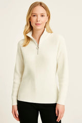 KADIN Yarım Fermuarlı Triko Kazak – Selanik Örgü, Dik Yaka, Pamuklu Dokuma, Oversize Uzun Kollu Kışlık Model - Varsayılan