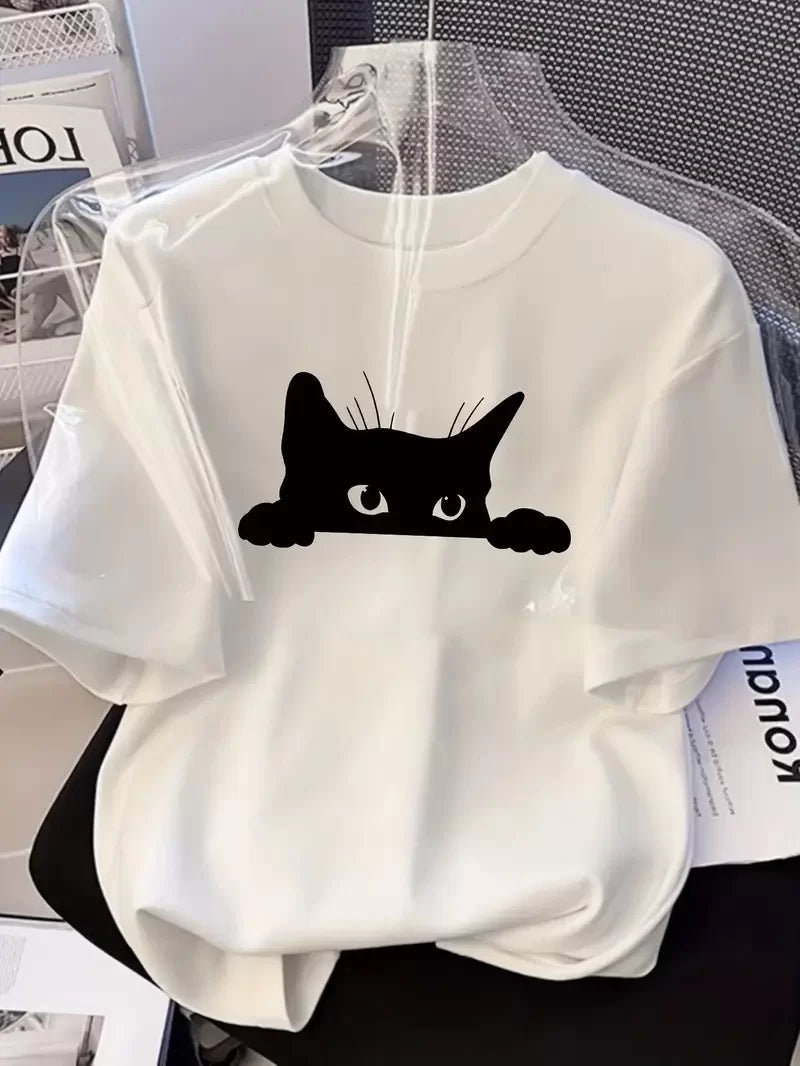 Kadınlar için Şık Siyah Kedi Grafik Tişört - Varsayılan