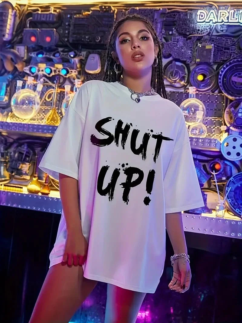 20/1 Penye Compack Oversize Beyaz Shut Up Kısa Kol Yazlık Tişört - Varsayılan