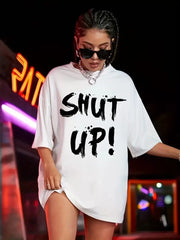 20/1 Penye Compack Oversize Beyaz Shut Up Kısa Kol Yazlık Tişört - Varsayılan