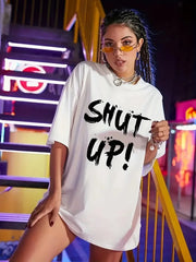 20/1 Penye Compack Oversize Beyaz Shut Up Kısa Kol Yazlık Tişört - Varsayılan