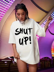 20/1 Penye Compack Oversize Beyaz Shut Up Kısa Kol Yazlık Tişört - Varsayılan