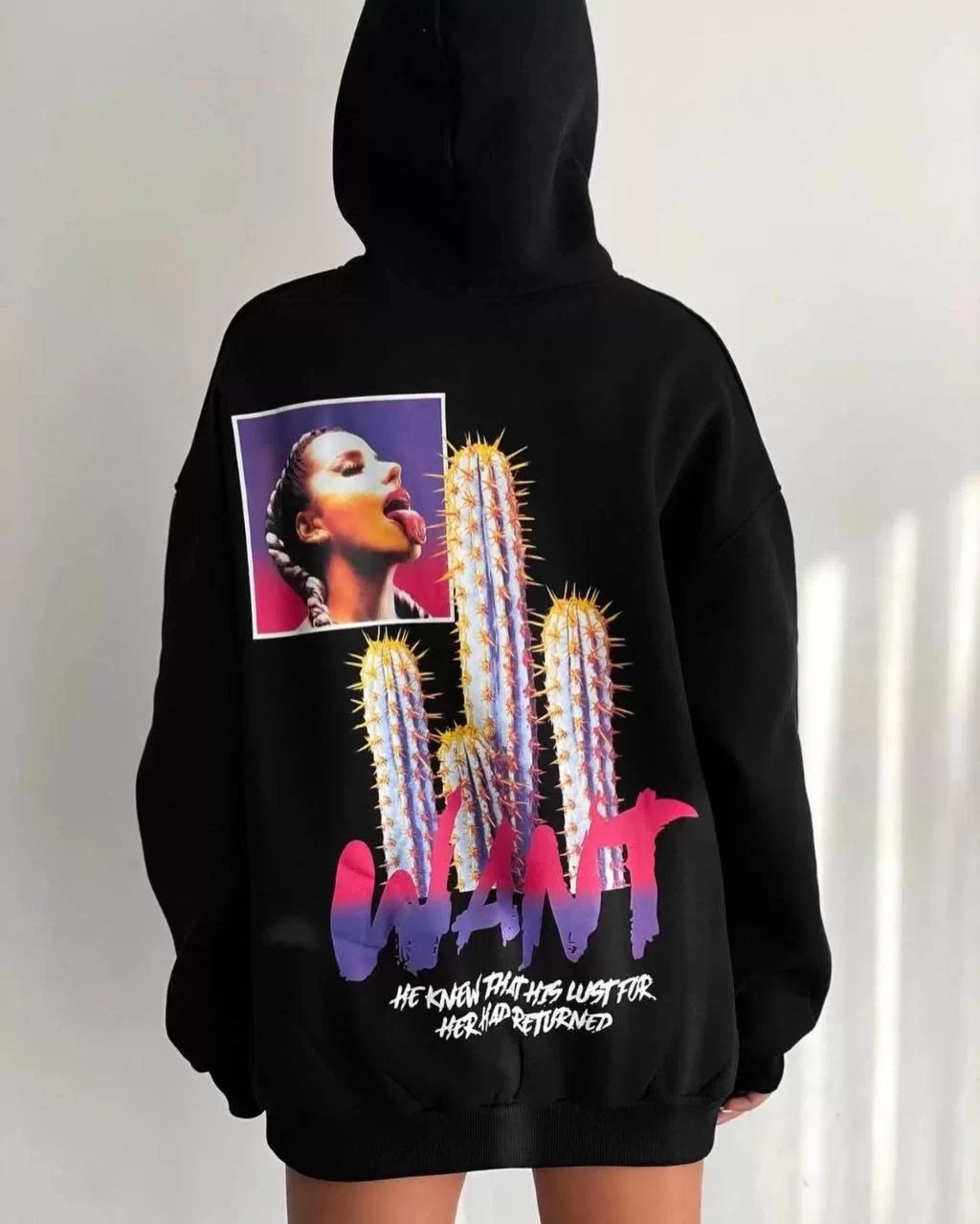 Baskılı Üç İplik Kapüşonlu Oversize Sweatshirt - Varsayılan