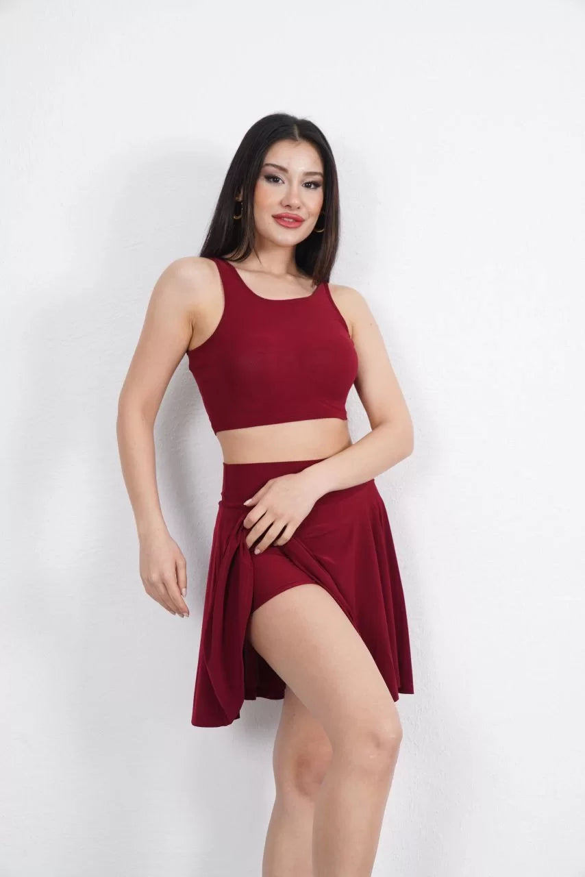 Sendy Kumaş Bisiklet Yaka Crop Şortlu Etek ikili Takım - Varsayılan