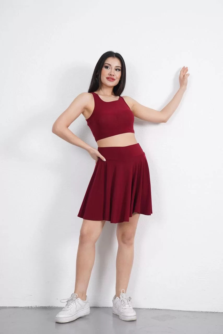 Sendy Kumaş Bisiklet Yaka Crop Şortlu Etek ikili Takım - Varsayılan