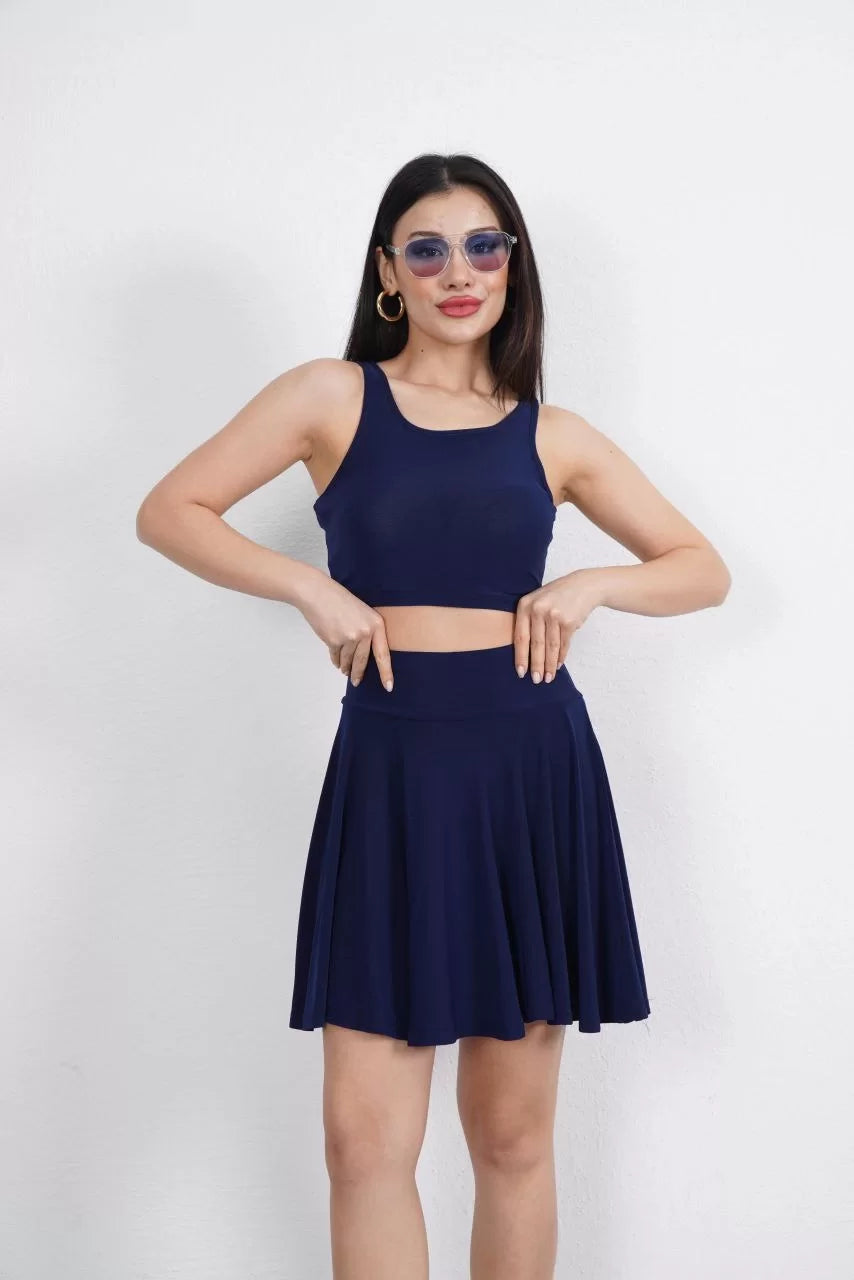 Sendy Kumaş Bisiklet Yaka Crop Şortlu Etek ikili Takım - Varsayılan