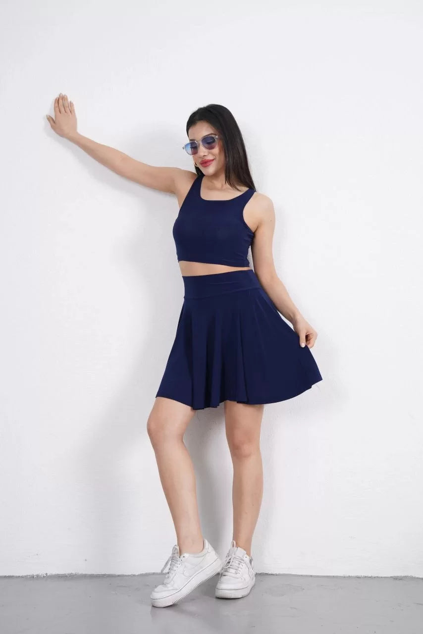 Sendy Kumaş Bisiklet Yaka Crop Şortlu Etek ikili Takım - Varsayılan