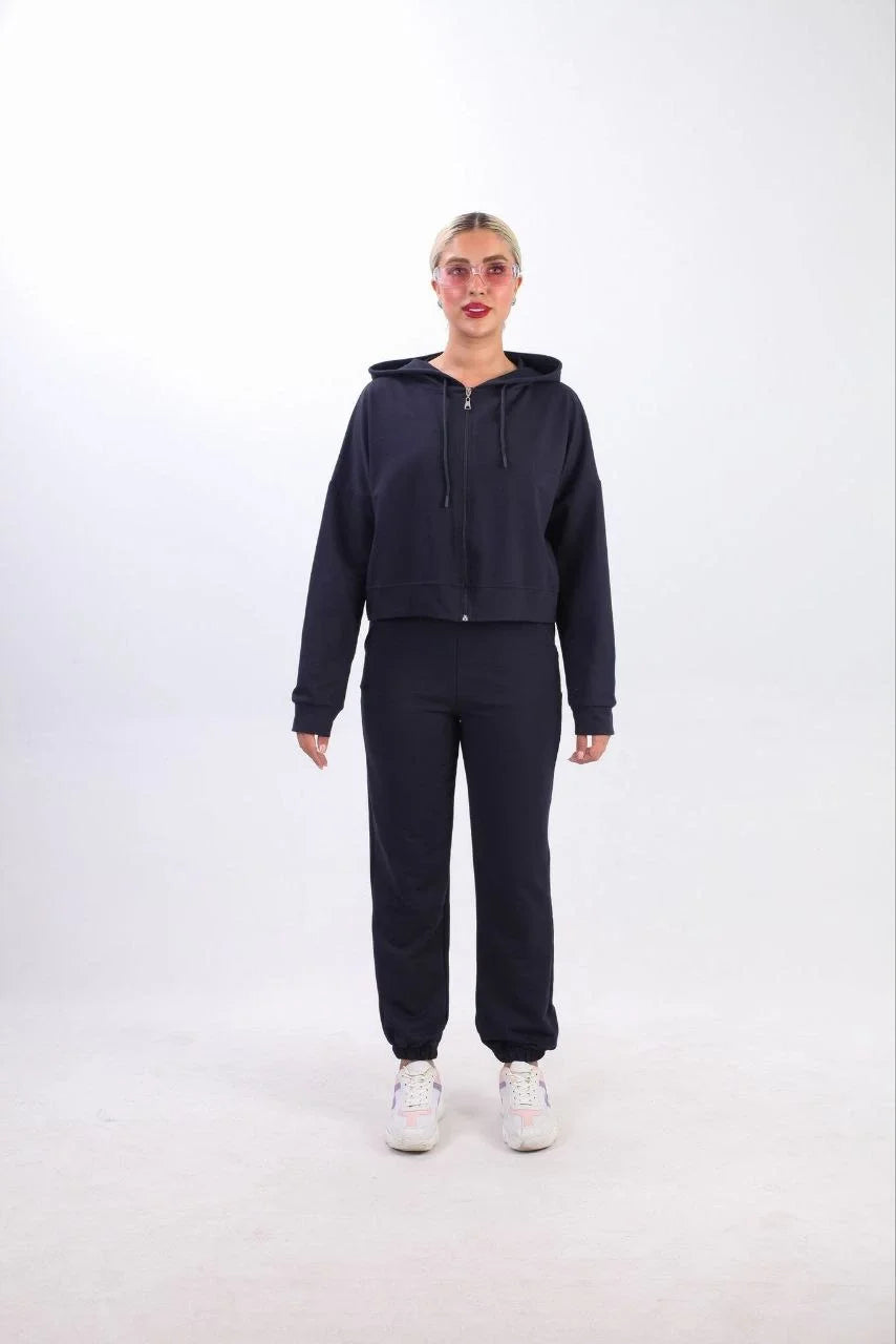 iki iplik Kapüşonlu Fermuarlı Crop Oversize Hırka Takım- Lacivert - Varsayılan