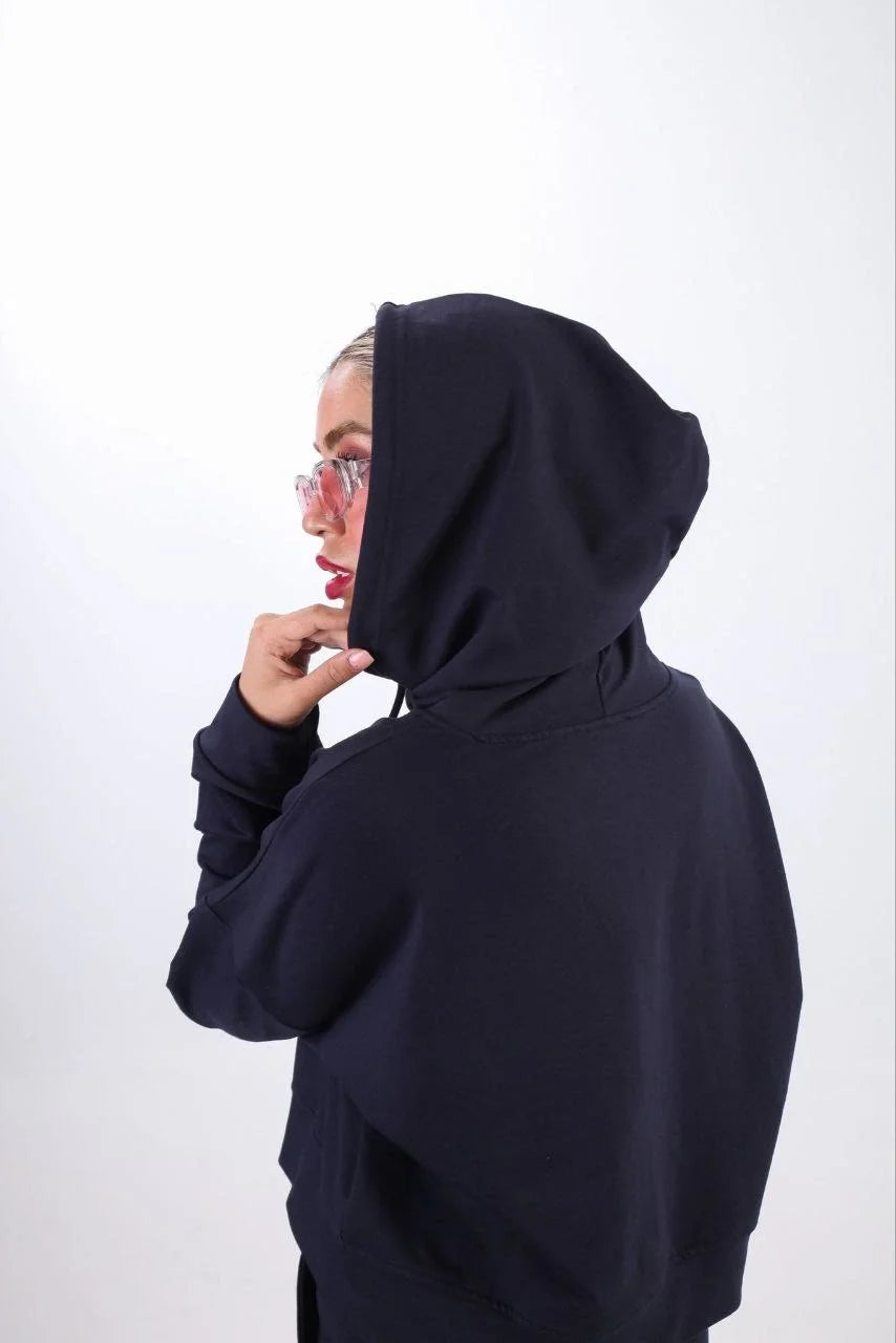iki iplik Kapüşonlu Fermuarlı Crop Oversize Hırka Takım- Lacivert - Varsayılan
