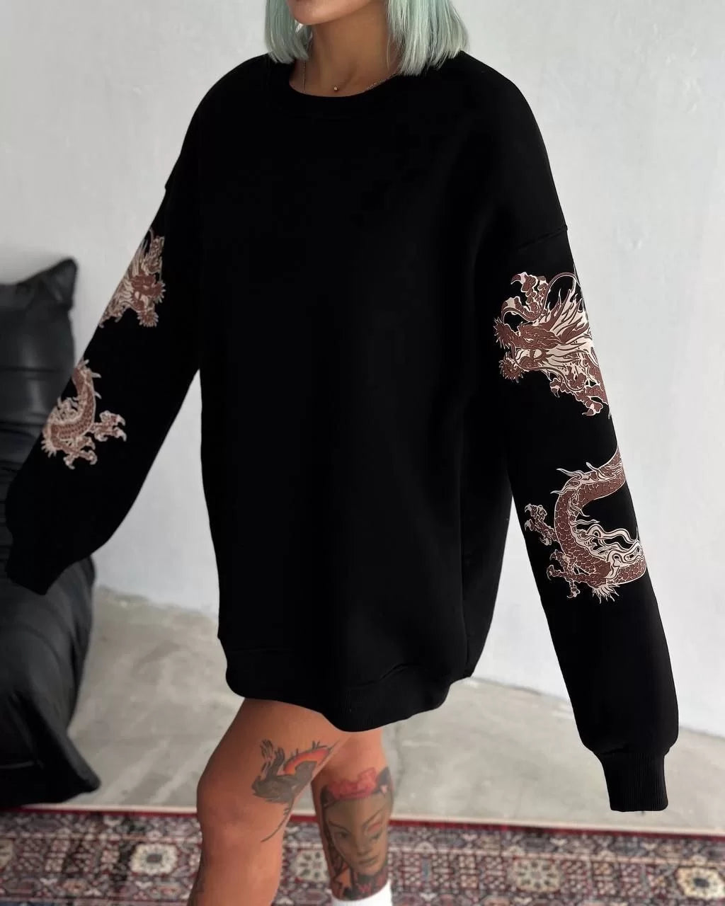 Kadın Bisiklet Yaka Baskılı SweatShirt - Varsayılan