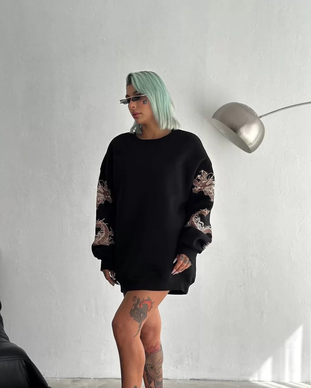 Kadın Bisiklet Yaka Baskılı SweatShirt - Varsayılan