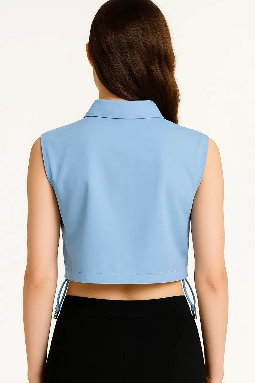 Kadın Crop Poplin Gömlek Yalancı Cepli, Ayarlanabilir Yan Kordonlu, - Varsayılan