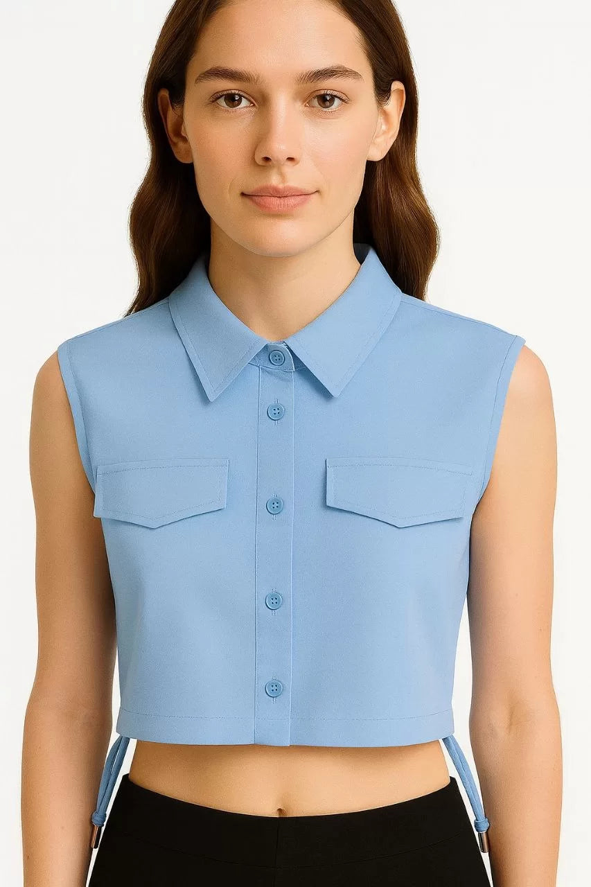 Kadın Crop Poplin Gömlek Yalancı Cepli, Ayarlanabilir Yan Kordonlu, - Varsayılan