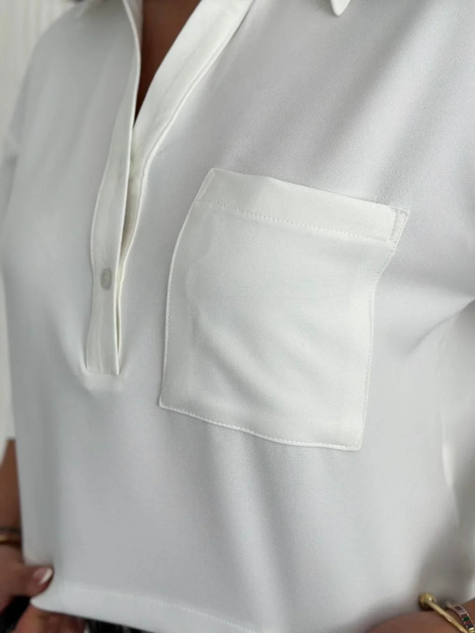 Z Krep Kadın Crop Yakalı Gömlek İlik Düğmeli Üç Çeyrek Sleeve Kol - Varsayılan