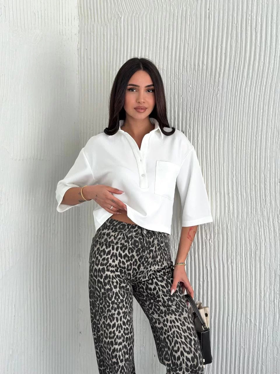 Z Krep Kadın Crop Yakalı Gömlek İlik Düğmeli Üç Çeyrek Sleeve Kol - Varsayılan