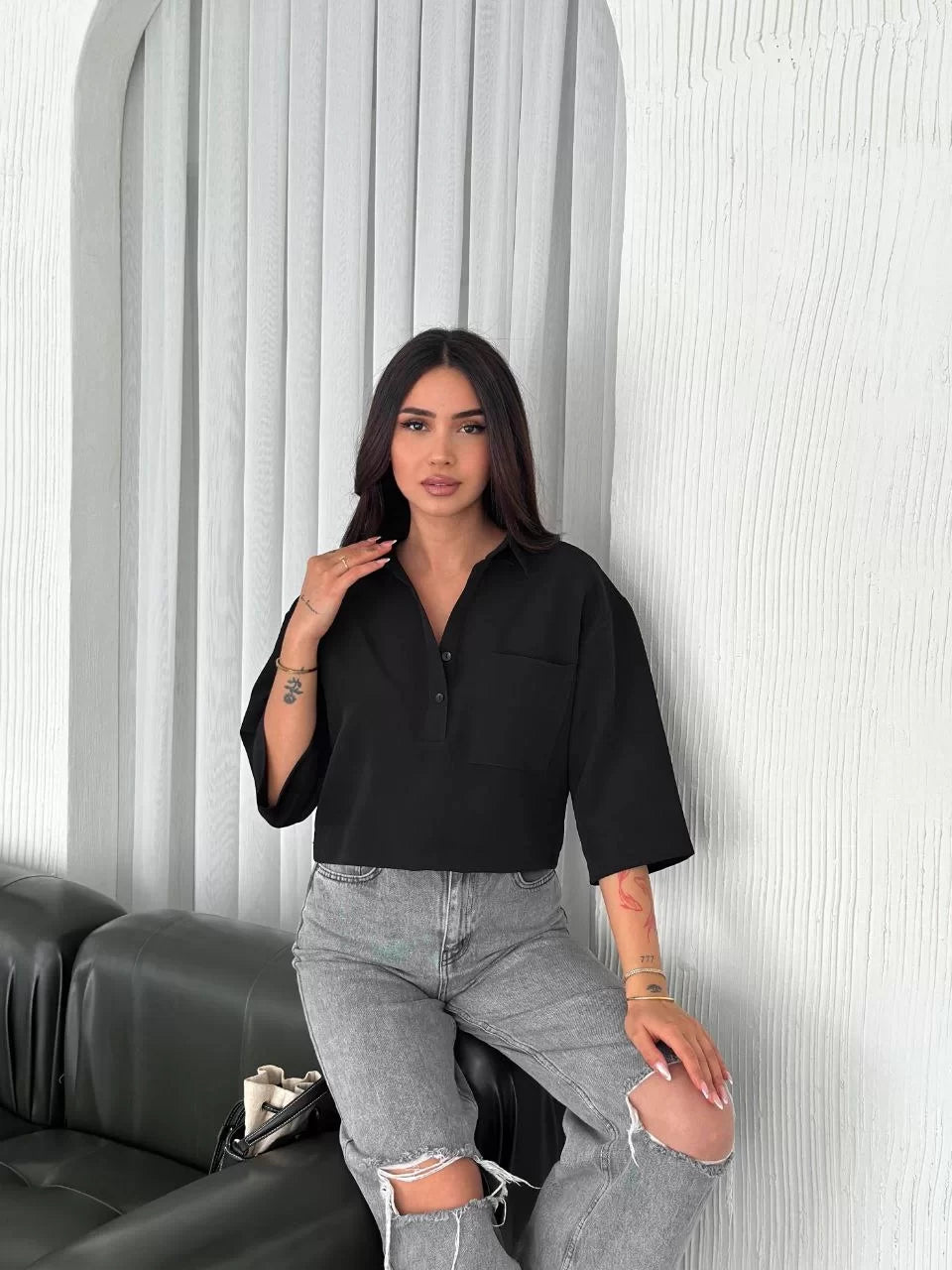 Z Krep Kadın Crop Yakalı Gömlek İlik Düğmeli Üç Çeyrek Sleeve Kol - Varsayılan