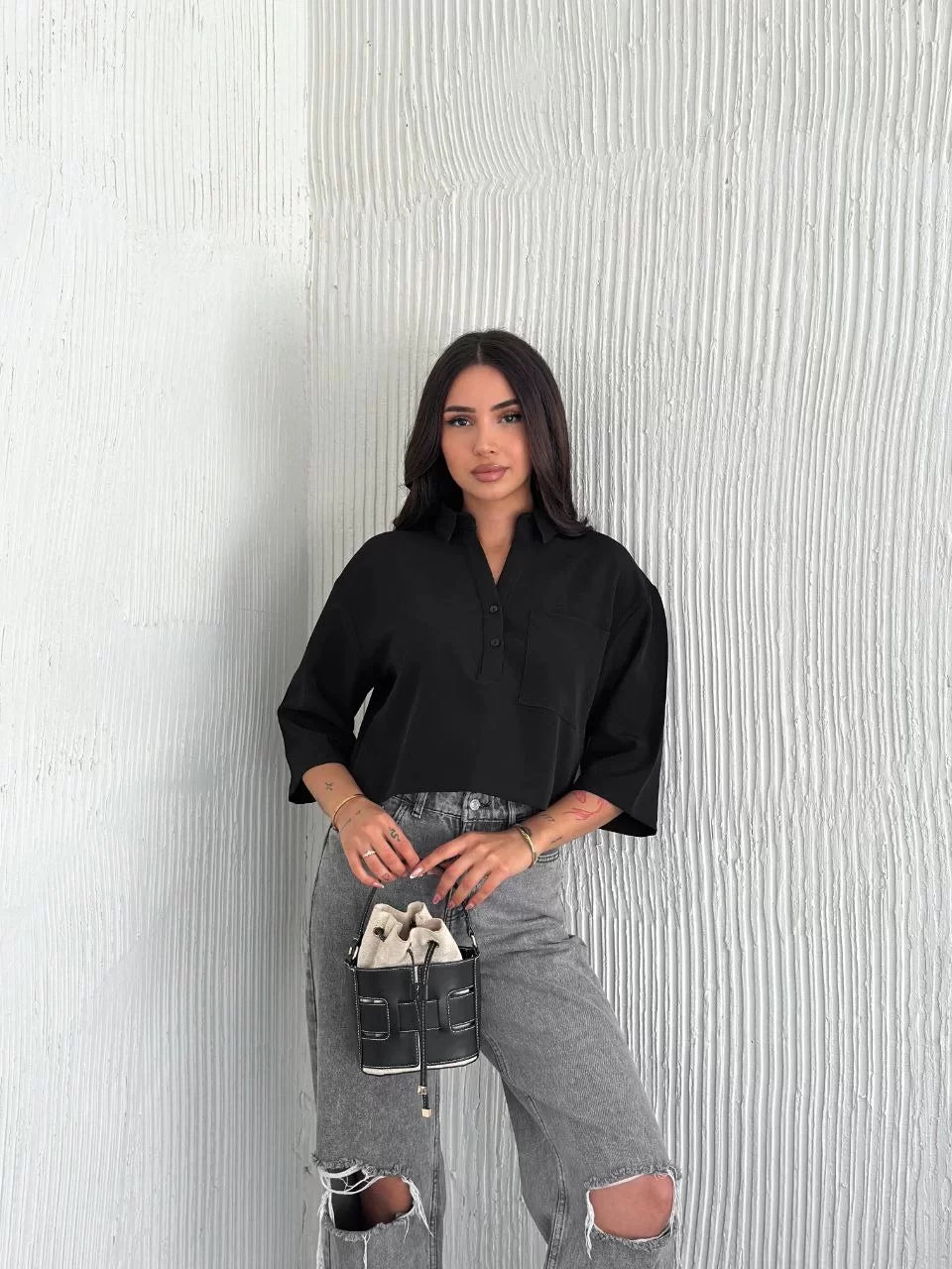 Z Krep Kadın Crop Yakalı Gömlek İlik Düğmeli Üç Çeyrek Sleeve Kol - Varsayılan