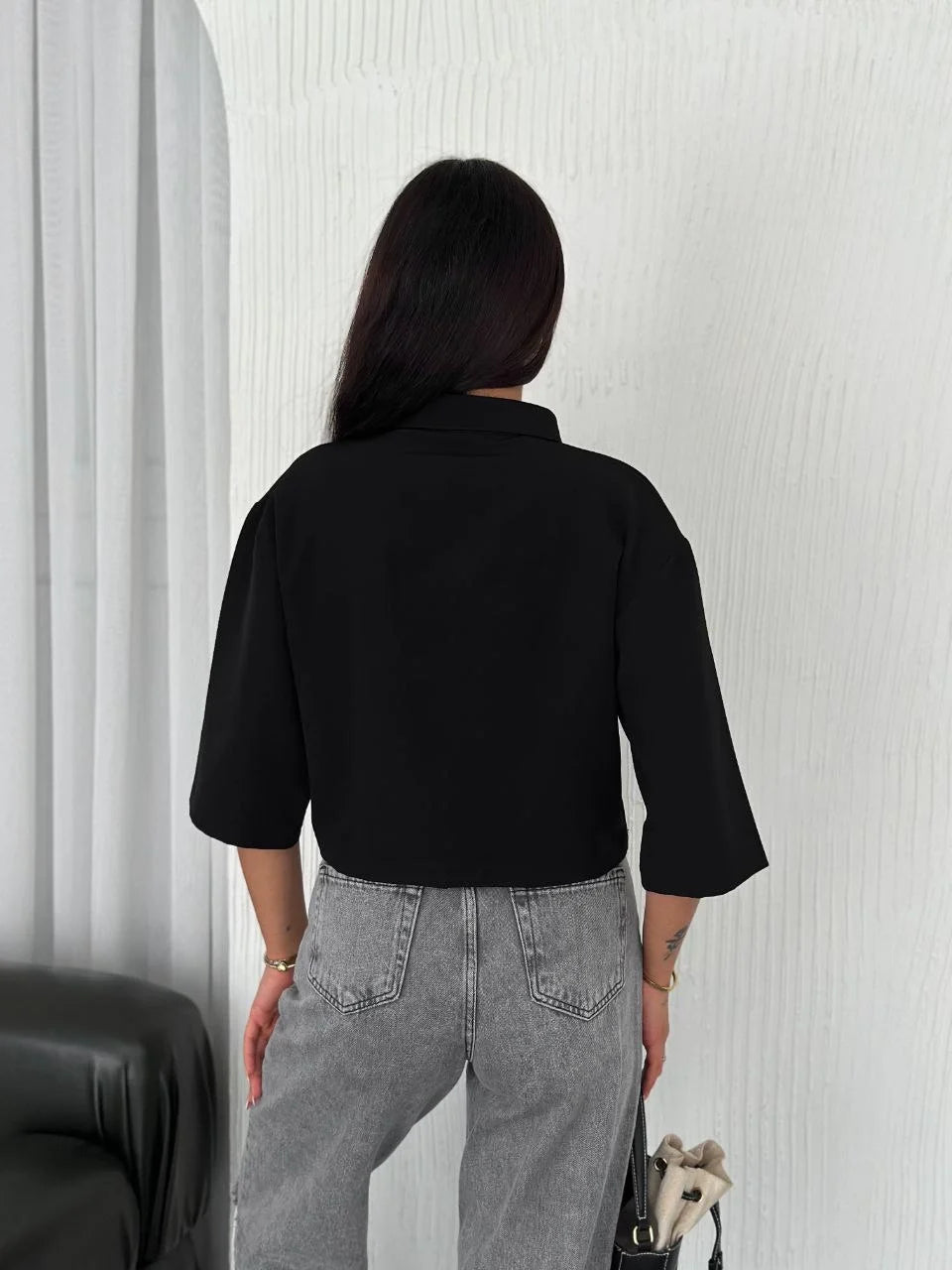 Z Krep Kadın Crop Yakalı Gömlek İlik Düğmeli Üç Çeyrek Sleeve Kol - Varsayılan
