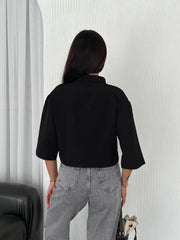 Z Krep Kadın Crop Yakalı Gömlek İlik Düğmeli Üç Çeyrek Sleeve Kol - Varsayılan