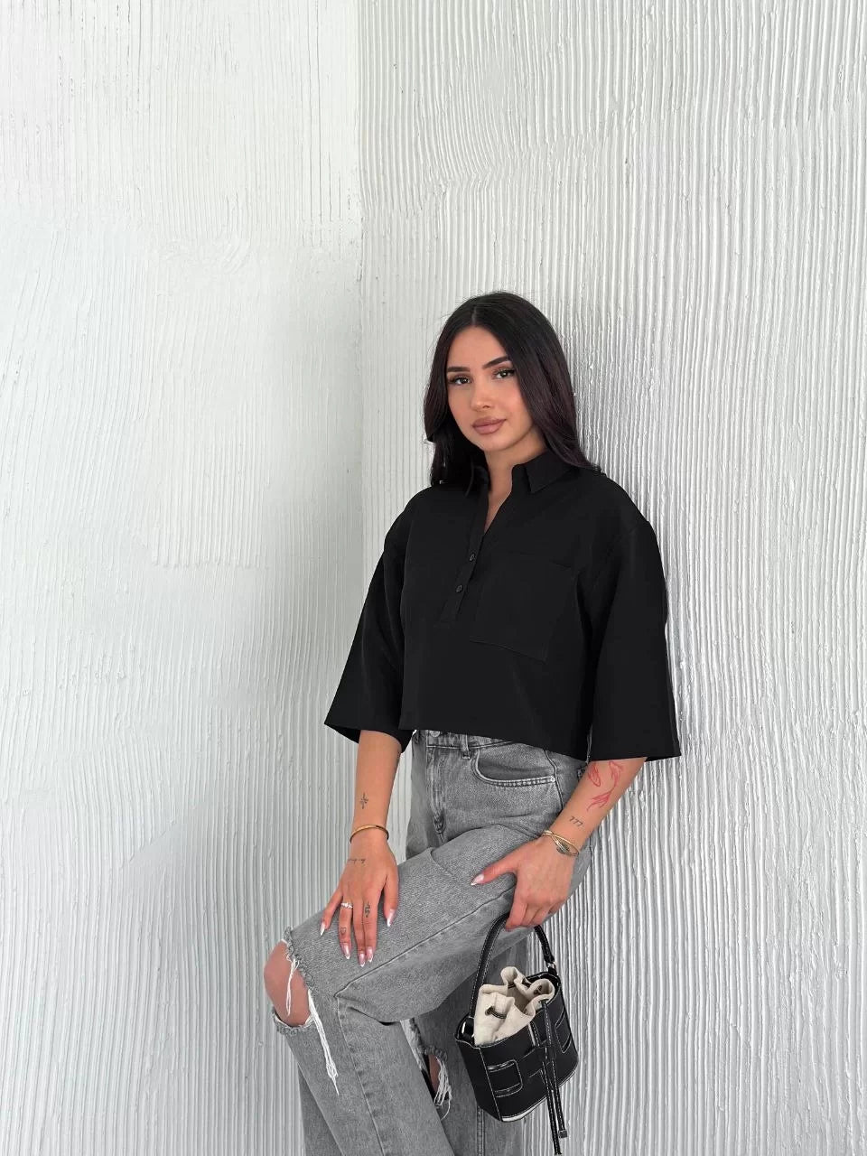 Z Krep Kadın Crop Yakalı Gömlek İlik Düğmeli Üç Çeyrek Sleeve Kol - Varsayılan