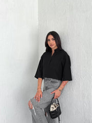 Z Krep Kadın Crop Yakalı Gömlek İlik Düğmeli Üç Çeyrek Sleeve Kol - Varsayılan