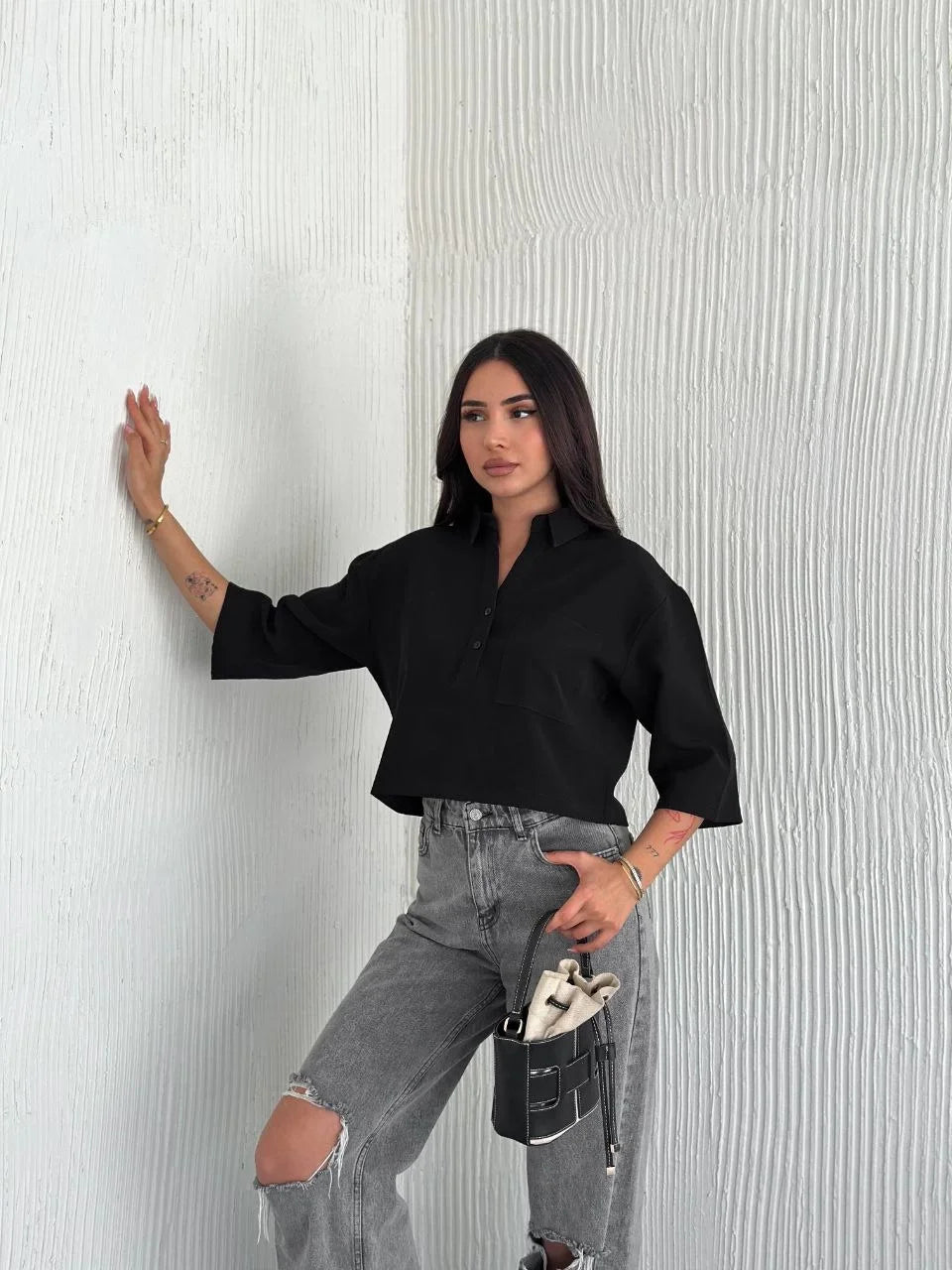 Z Krep Kadın Crop Yakalı Gömlek İlik Düğmeli Üç Çeyrek Sleeve Kol - Varsayılan