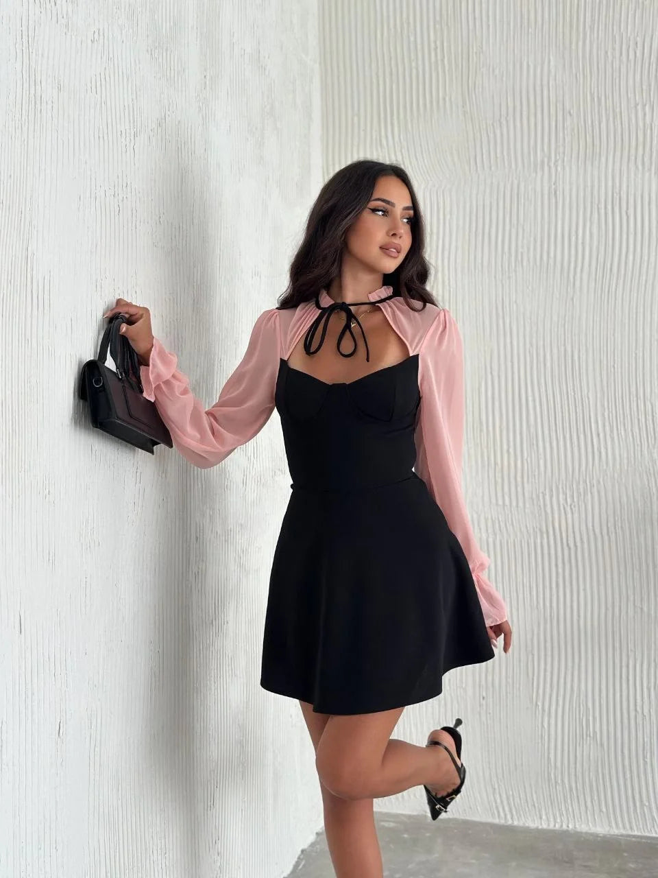 Kadın Göğsü Bağlamalı Kalp Yaka Kolları Şifon Mini Elbise - Varsayılan