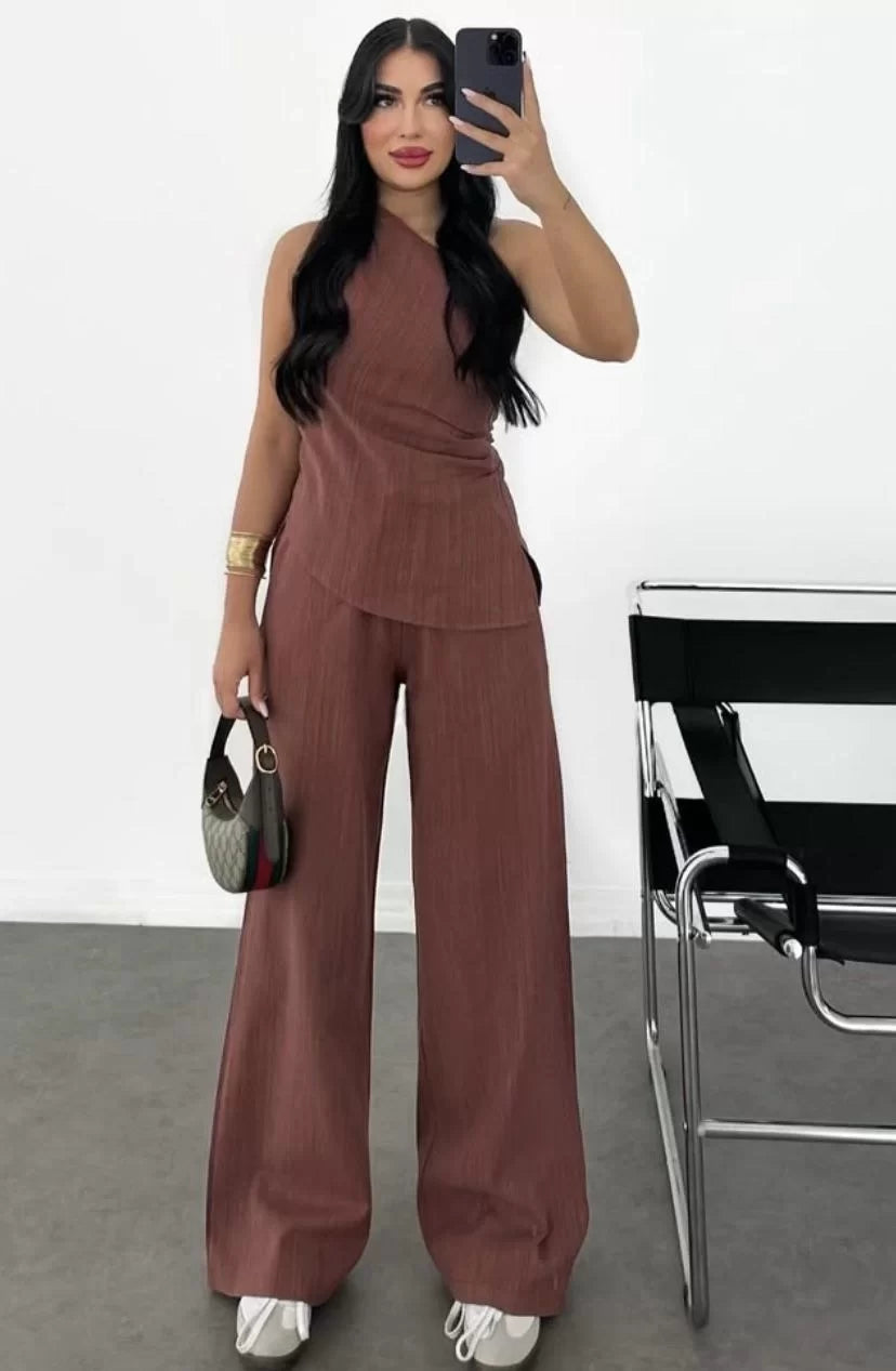 Kadın Keten Asimetrik Tek Omuzlu Bluz Pantalon Takım- Bordo - Varsayılan