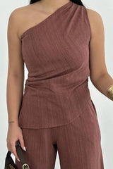 Kadın Keten Asimetrik Tek Omuzlu Bluz Pantalon Takım- Bordo - Varsayılan