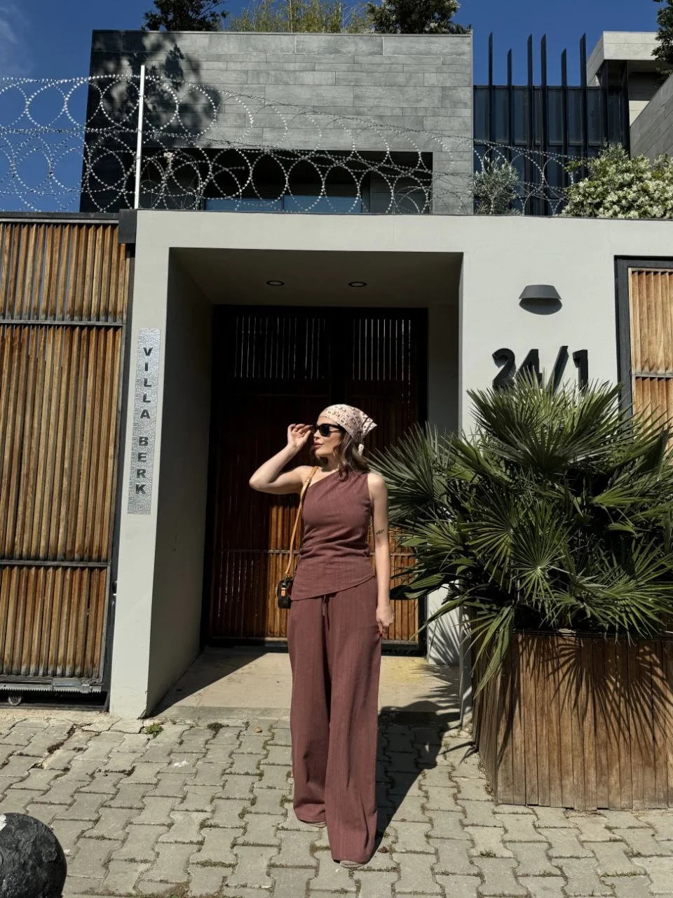 Kadın Keten Asimetrik Tek Omuzlu Bluz Pantalon Takım- Bordo - Varsayılan