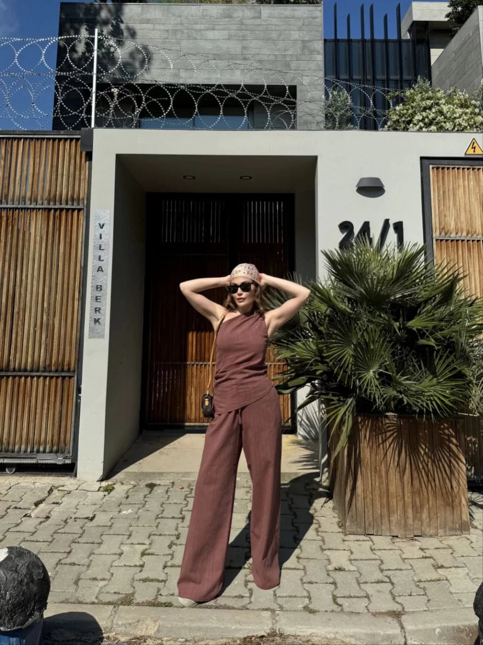 Kadın Keten Asimetrik Tek Omuzlu Bluz Pantalon Takım- Bordo - Varsayılan