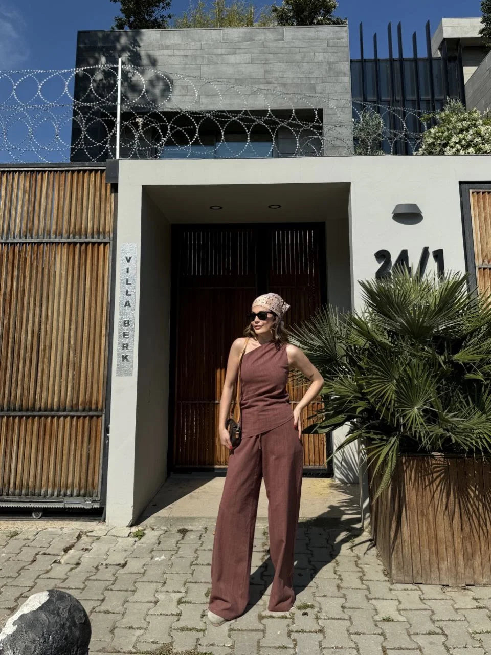 Kadın Keten Asimetrik Tek Omuzlu Bluz Pantalon Takım- Bordo - Varsayılan