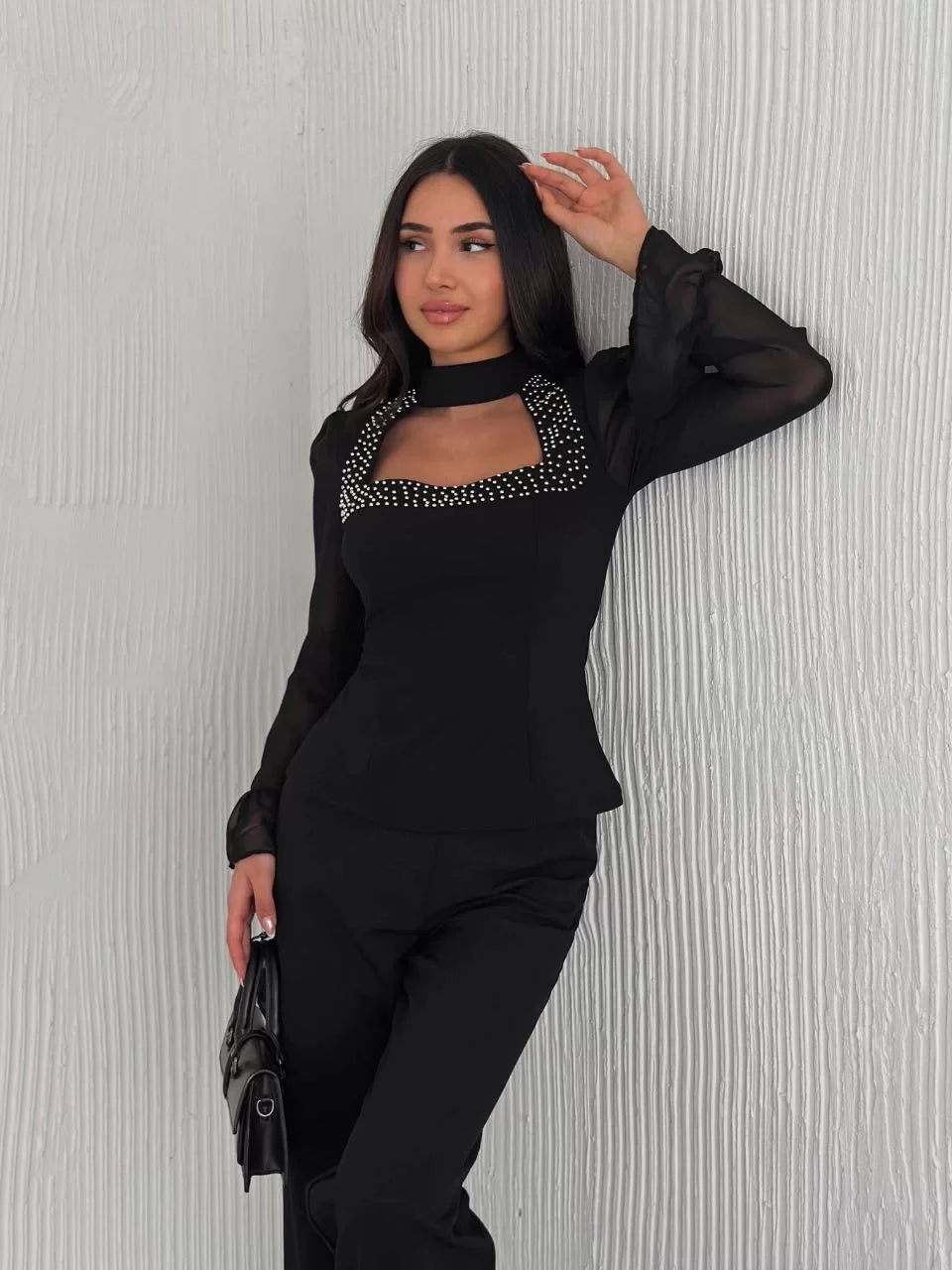 Penye Uzun Kollu Kadın Kolları Şifon Göğüste İnci Boncuk detaylı Bluz - Varsayılan