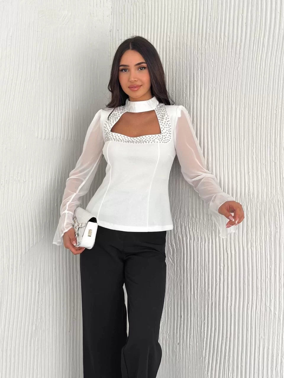 Penye Uzun Kollu Kadın Kolları Şifon Göğüste İnci Boncuk detaylı Bluz - Varsayılan