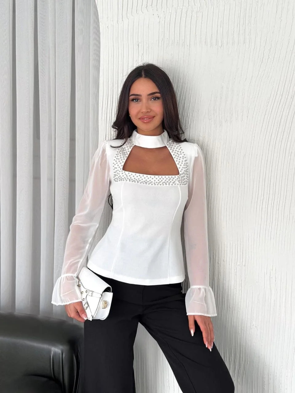 Penye Uzun Kollu Kadın Kolları Şifon Göğüste İnci Boncuk detaylı Bluz - Varsayılan