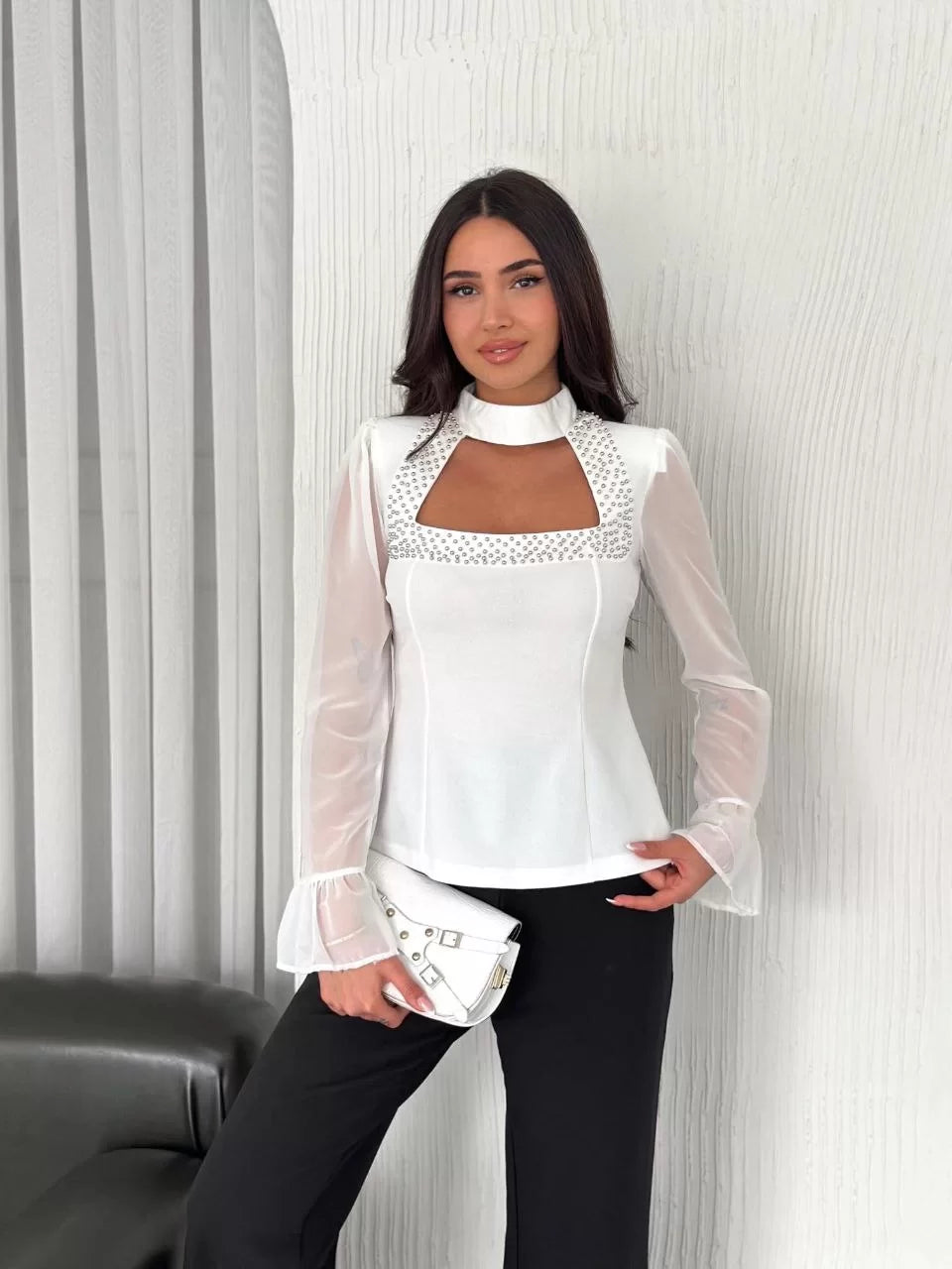 Penye Uzun Kollu Kadın Kolları Şifon Göğüste İnci Boncuk detaylı Bluz - Varsayılan