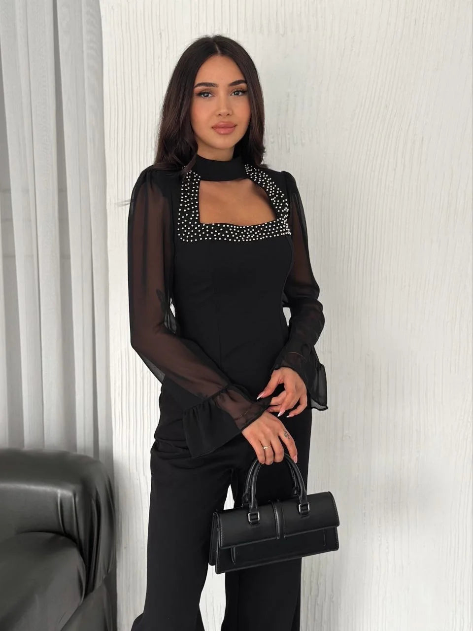 Penye Uzun Kollu Kadın Kolları Şifon Göğüste İnci Boncuk detaylı Bluz - Varsayılan