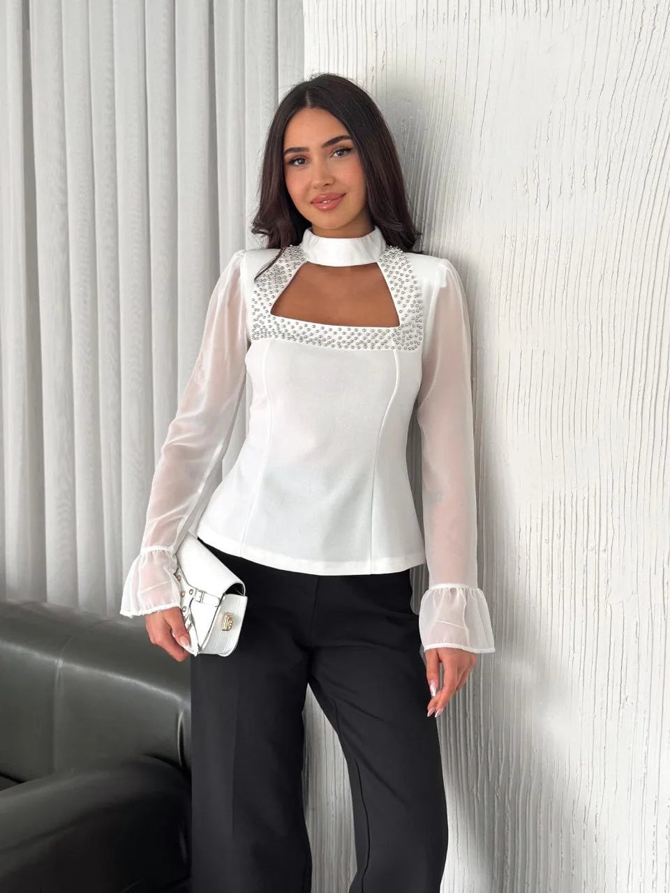 Penye Uzun Kollu Kadın Kolları Şifon Göğüste İnci Boncuk detaylı Bluz - Varsayılan