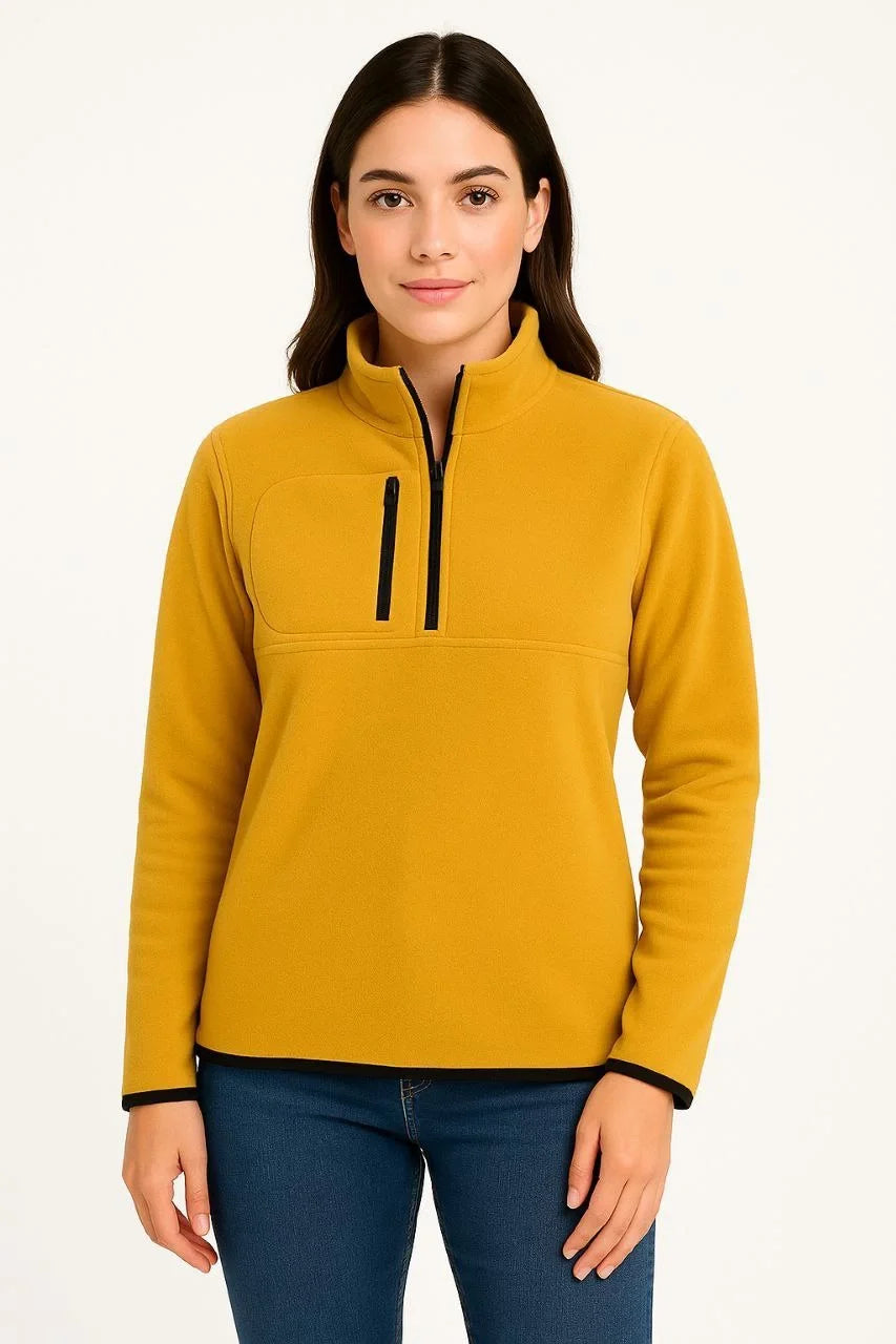 Kadın Polar Kazak – Dik Yaka, Yarım Fermuarlı, Fermuarlı Göğüs Cepli, Siyah Biyeli, Kışlık Rahat Regular Fit Günlük Model - Varsayılan