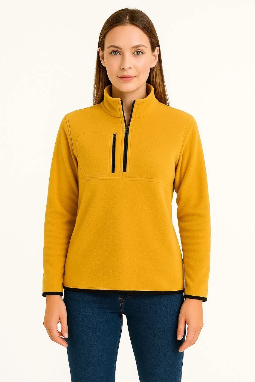 Kadın Polar Kazak – Dik Yaka, Yarım Fermuarlı, Fermuarlı Göğüs Cepli, Siyah Biyeli, Kışlık Rahat Regular Fit Günlük Model - Varsayılan