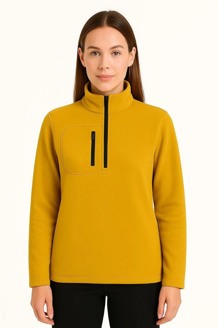 Kadın Polar Kazak – Dik Yaka, Yarım Fermuarlı, Fermuarlı Göğüs Cepli, Siyah Biyeli, Kışlık Rahat Regular Fit Günlük Model - Varsayılan