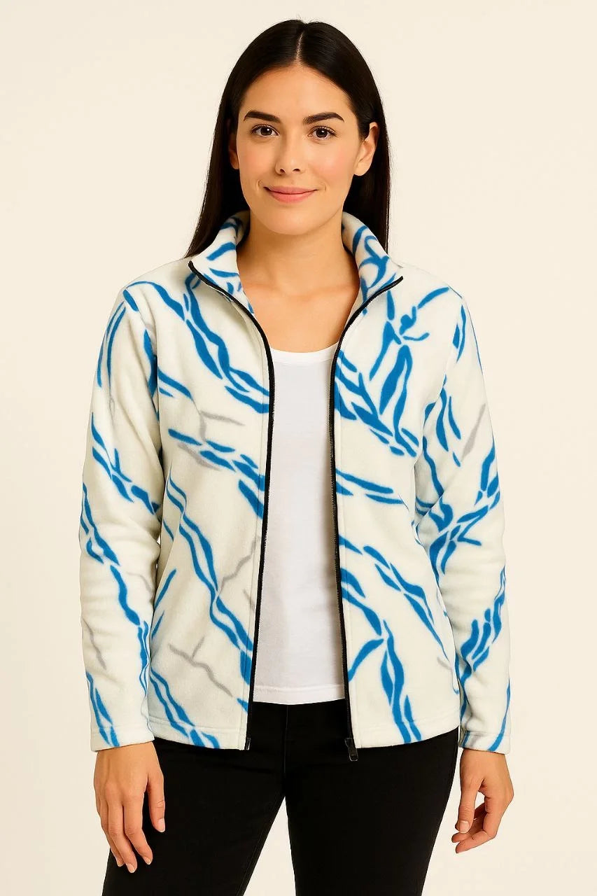 Kadın Tam Fermuarlı Desenli Polar Sweat Lightning Desen Yakalı, Uzun Kollu, Oversize Rahat Kalıp - Varsayılan