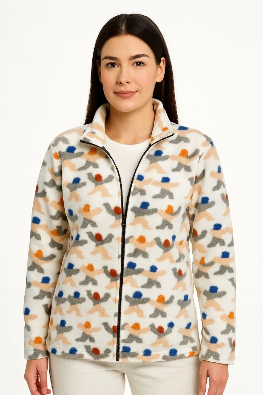 Kadın Tam Fermuarlı Desenli Polar Sweat – Siyah Multicolor Figür Desen Yakalı, Uzun Kollu, Oversize Rahat Kalıp - Varsayılan